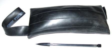 Rear view of inner tube wrist purse to show curvature of tube.